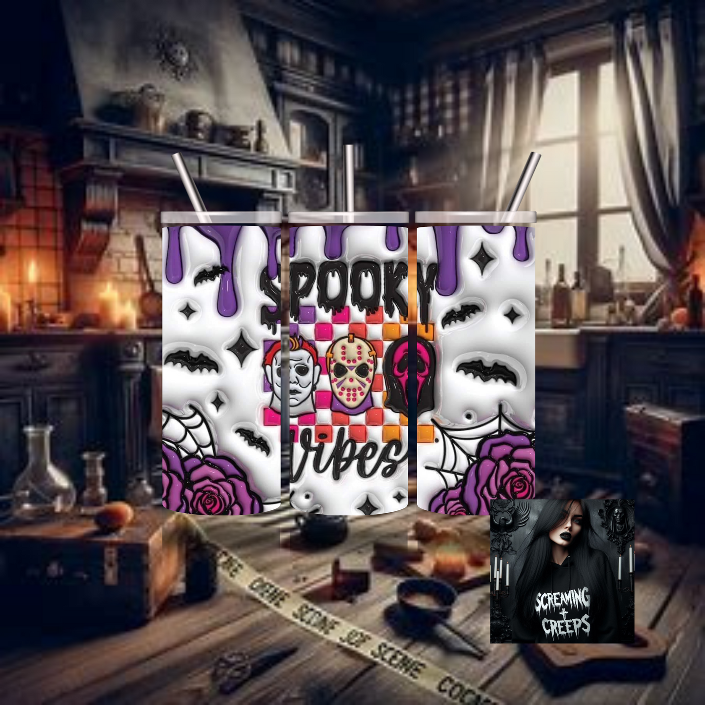 3D Spooky Vibes Horror Characters Insulated Tumbler, Horror Movie Marathon Essential