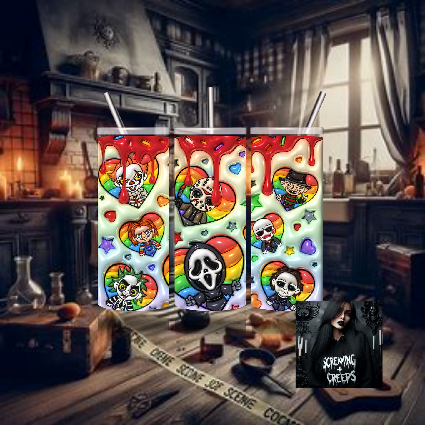 Rainbow Horror Characters Insulated Tumbler, Horror Movie Marathon Essential