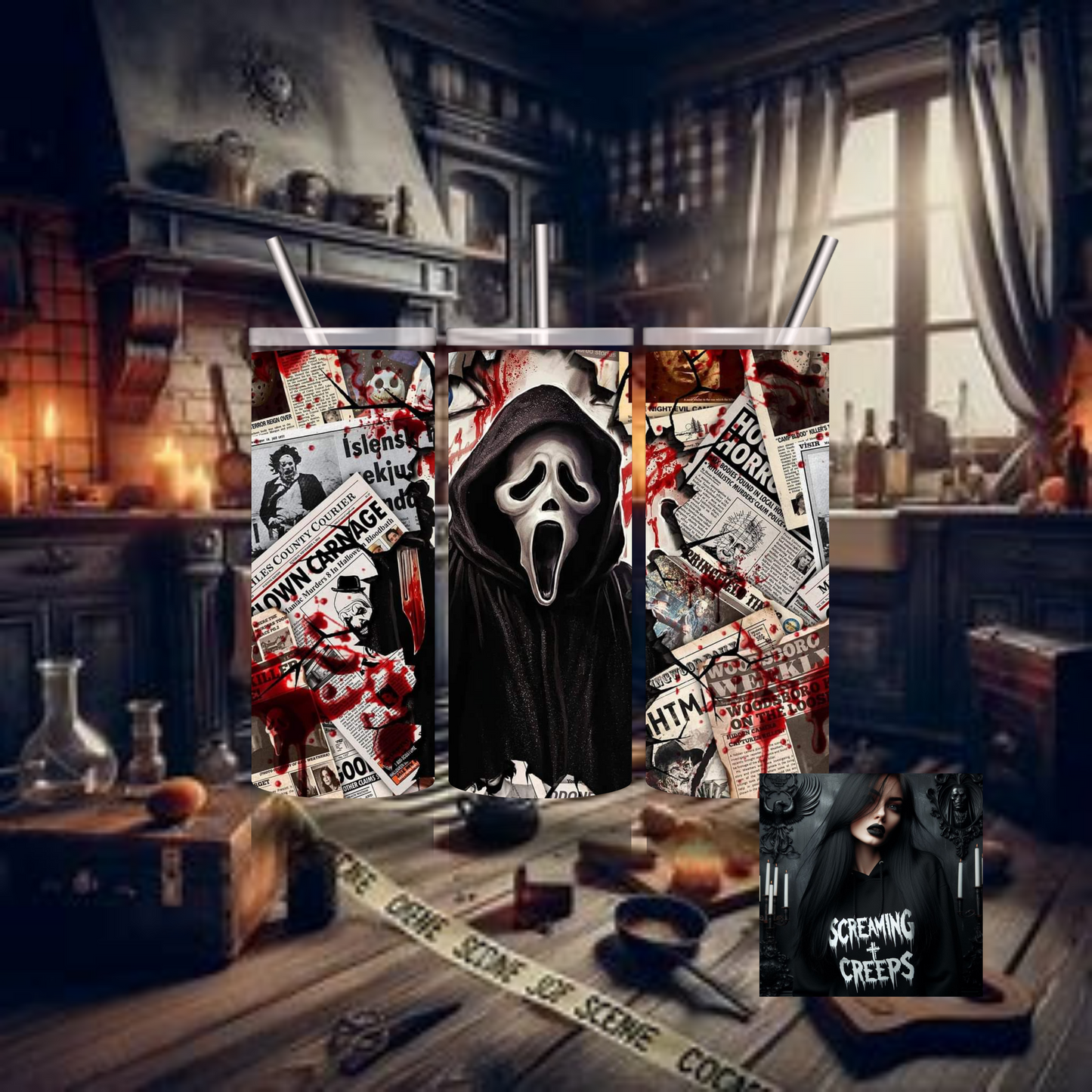 Scream Collage, Horror Insulated Tumbler, Horror Movie Marathon Essential