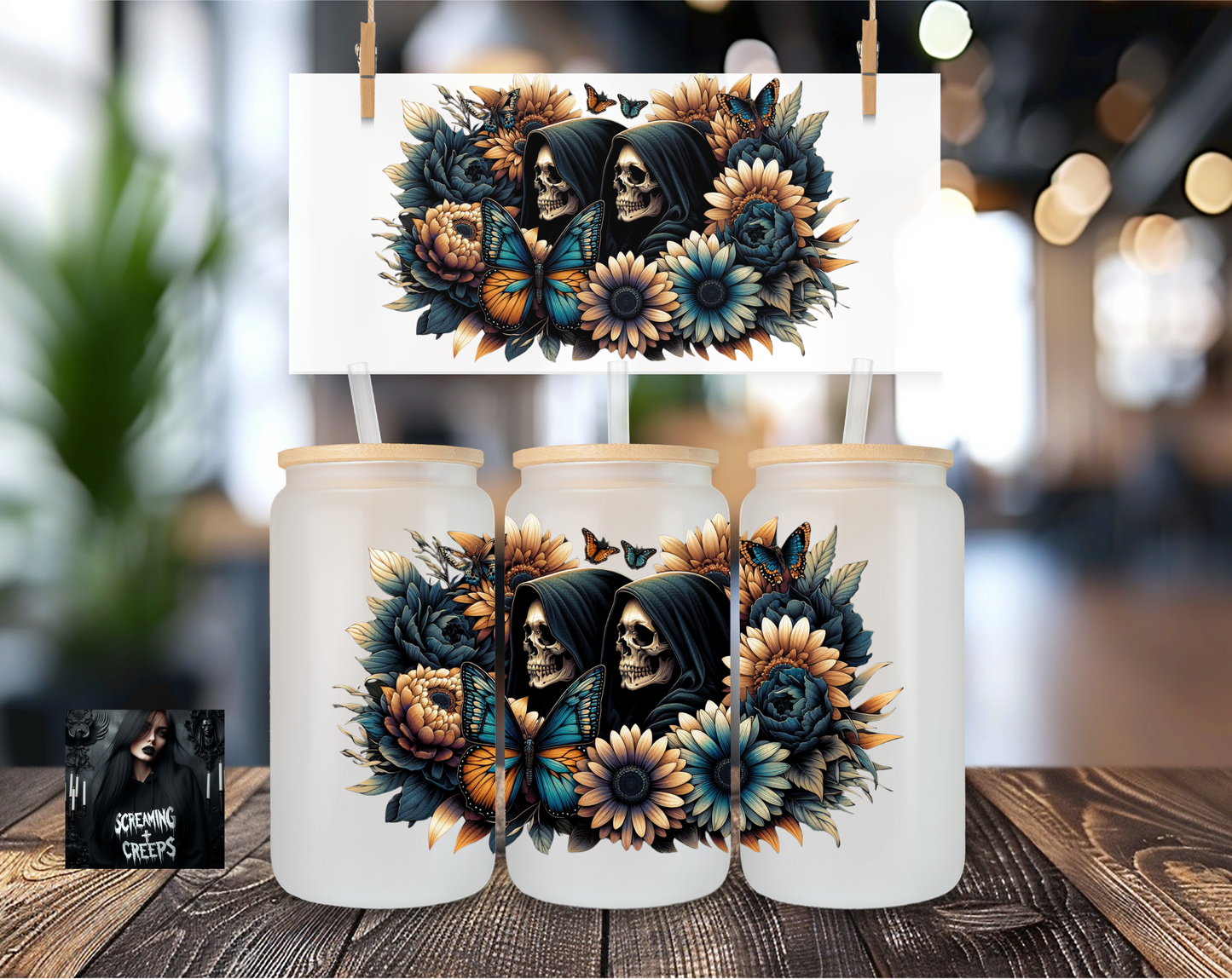 Libbey Coffee Cup Skull Flowers