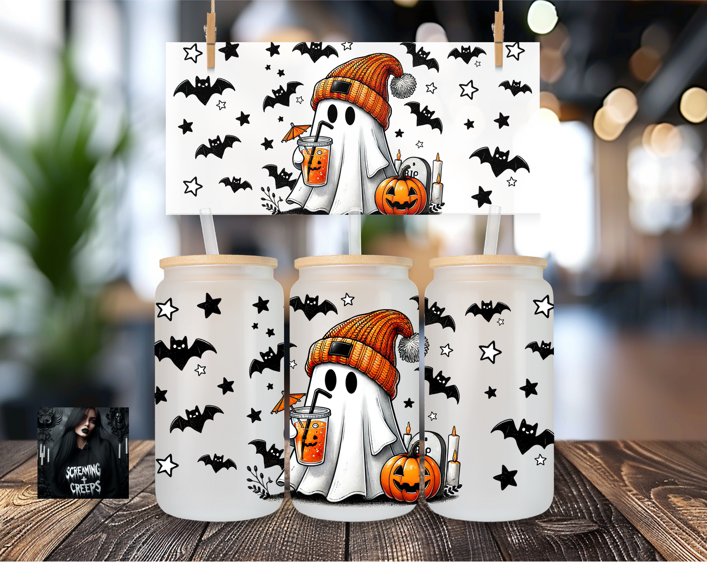 Libbey Coffee Cup Ghost, Bats, Pumpkins