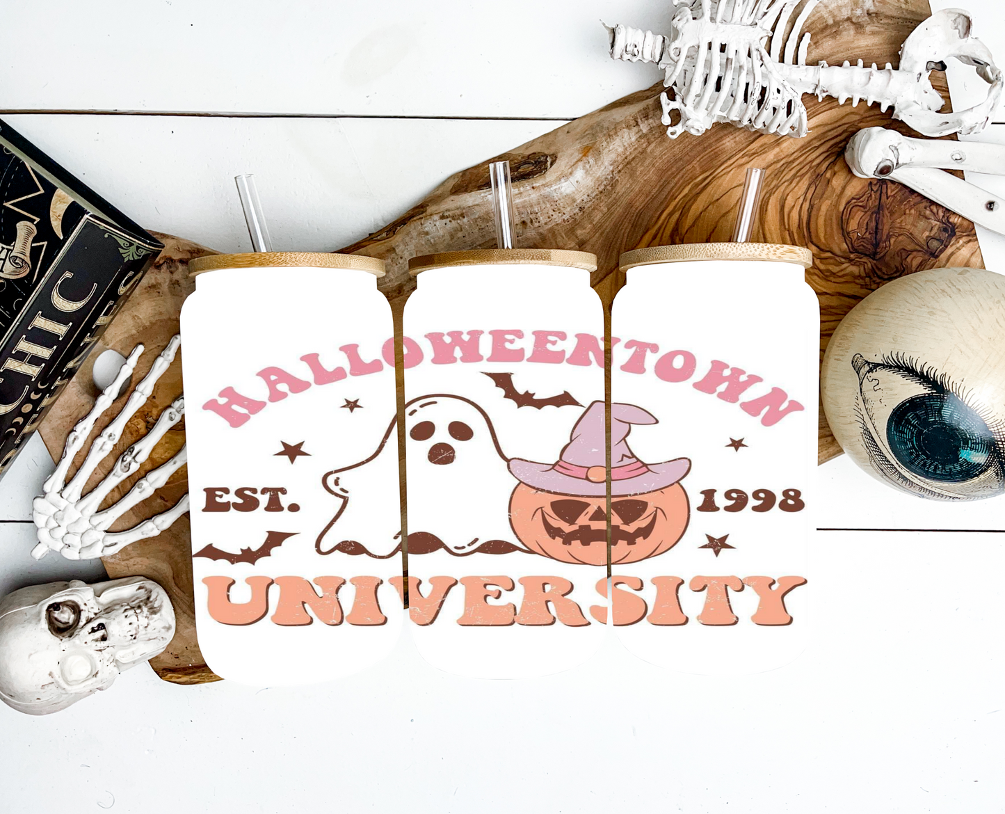 Halloweentown University 16oz Glass Iced Coffee Mug with Bamboo Lid and Straw