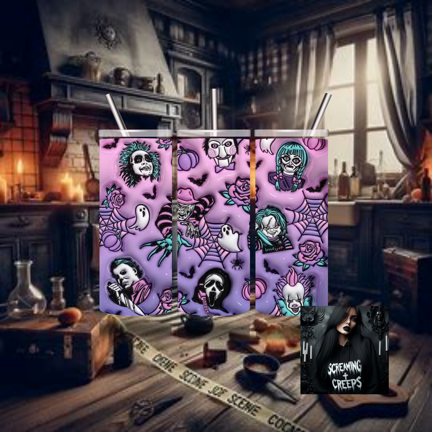 Pastel Horror Characters Insulated Tumbler, Horror Movie Marathon Essential