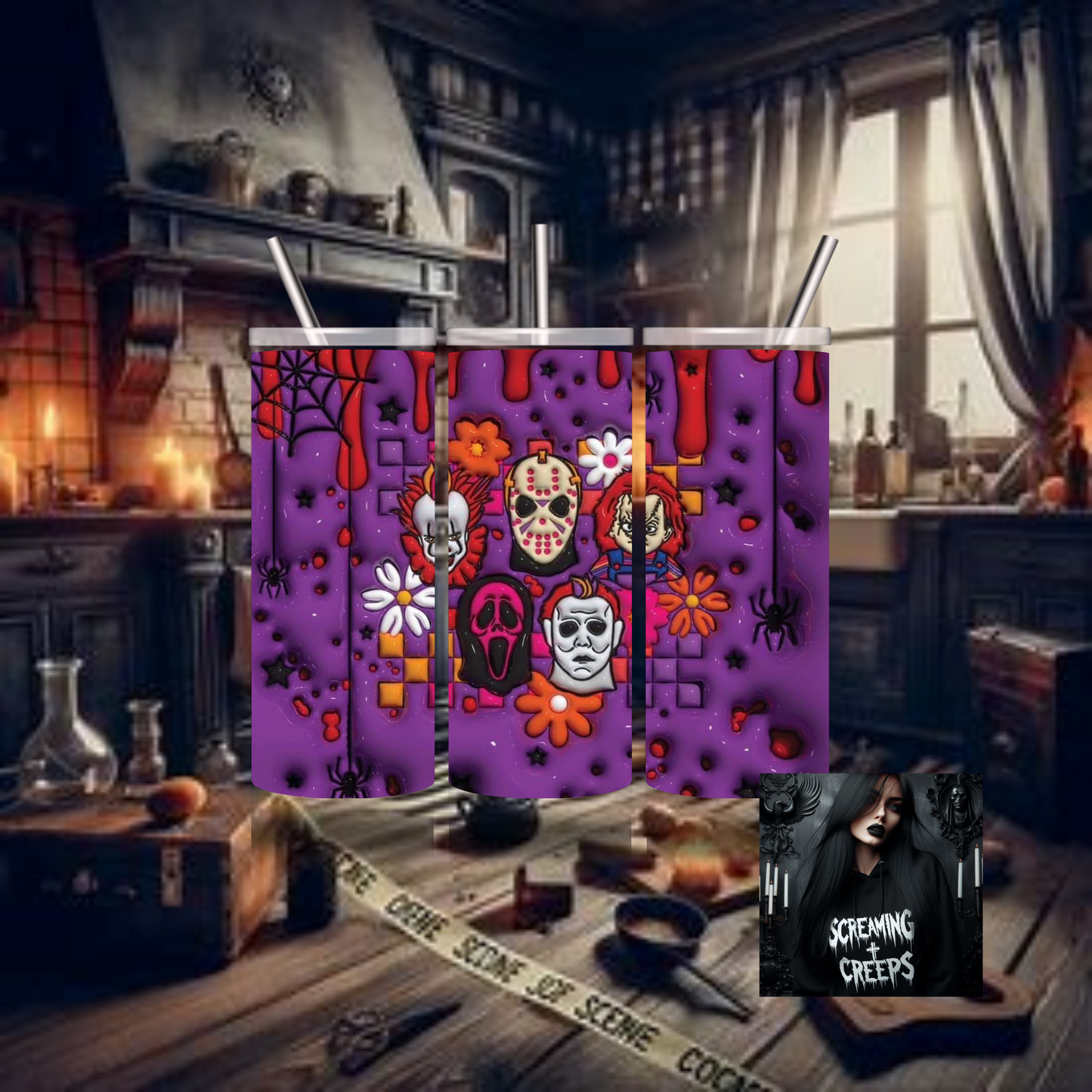 Purple Horror Characters Insulated Tumbler, Horror Movie Marathon Essential