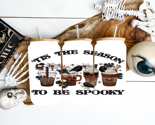 Tis The Season to be Spooky Black Coffin 16oz Glass Iced Coffee Mug with Bamboo Lid and Straw